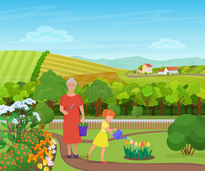 Granddaughter watering and taking care of flowers with grandmother in beautiful village in mountains. royalty free illustration