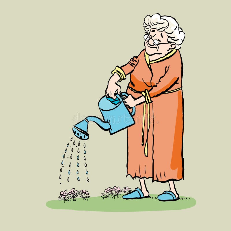 Grandmother watering flowers on a flowerbed in a garden. Active Longevity vector illustration