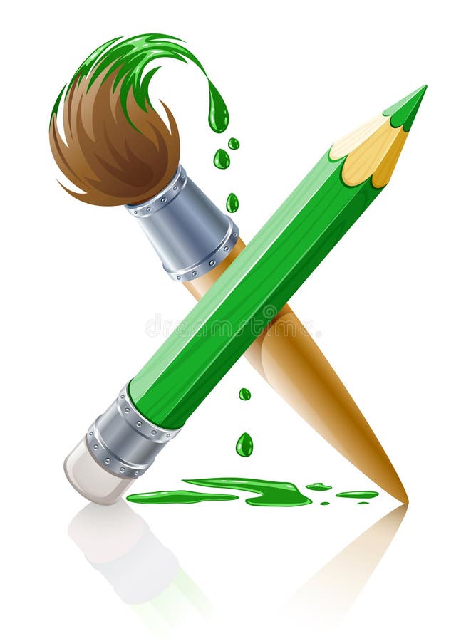 Green pencil and brush with paint vector illustration