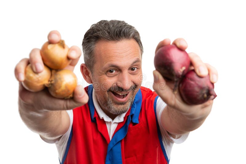 Grocery store employee presenting onions. Male grocery store or hypermarket male employee presenting red and yellow onions with friendly expression isolated on stock photography
