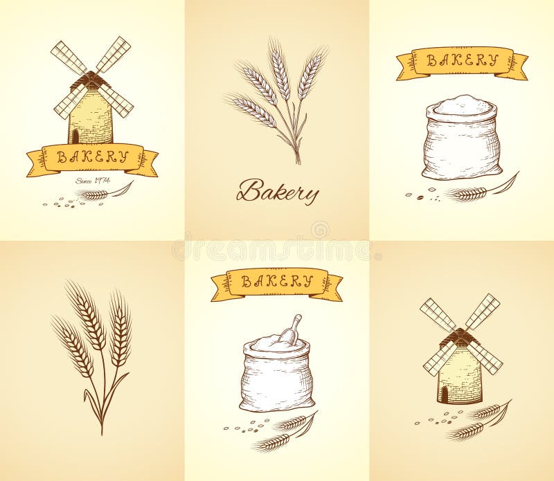 Hand drawn bakery and wheat isolated icons set royalty free illustration