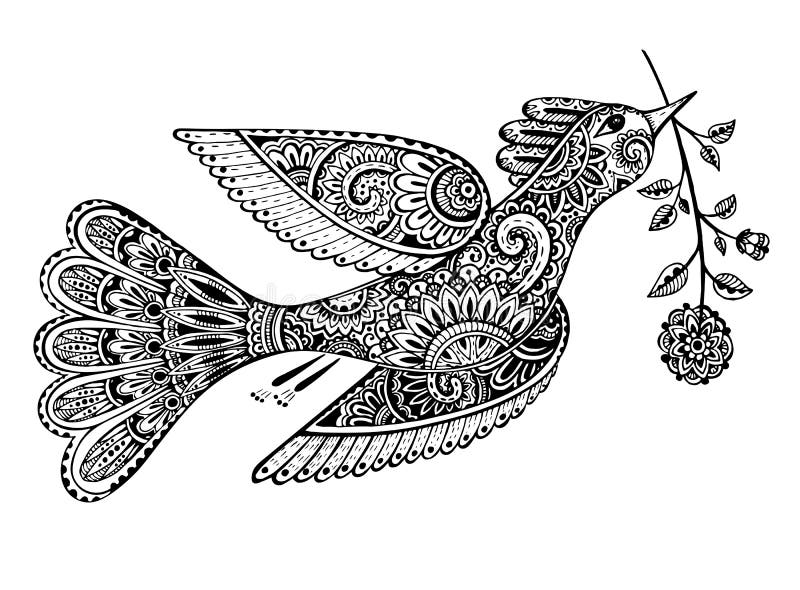 Hand drawn illustration of ornamental fancy bird with flower. stock illustration