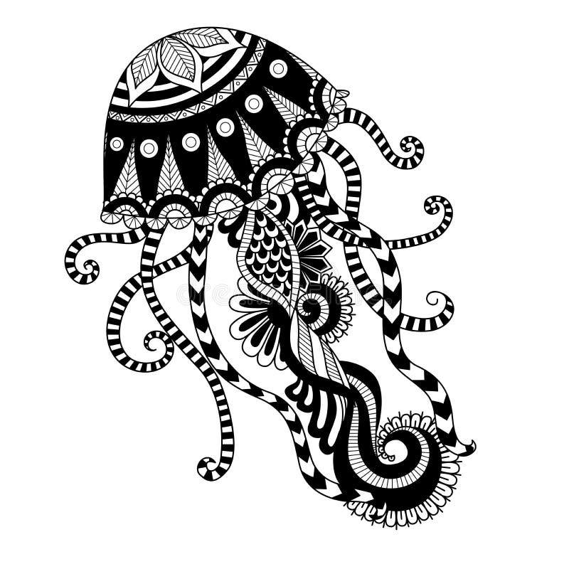 Hand drawn jellyfish zentangle style for coloring book, shirt design or tattoo royalty free illustration