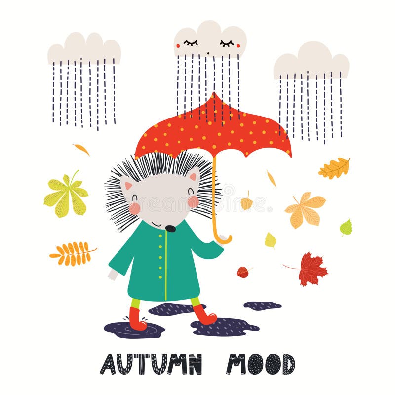 Cute hedgehog in autumn. Hand drawn vector illustration of a cute hedgehog with umbrella, leaves, rain, quote Autumn mood. Isolated objects on white background royalty free illustration