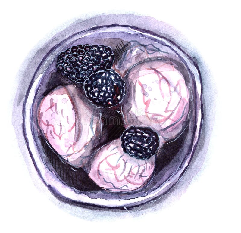 Hand drawn watercolor illustration. ice cream with blackberry berries. sweet dessert. vegetarian recipe. purple and pink colors. f. Ood sketch royalty free stock images