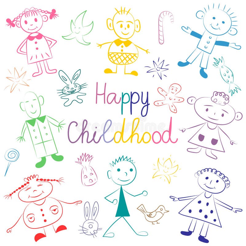 Happy Childhood. Colorful Cute Kids with Toys, Stars and Candies. Funny Children Drawings. Sketch Style. Vector Illustration stock illustration