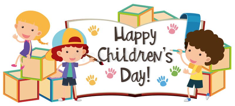 Happy children`s day with kids and blocks. Illustration stock illustration