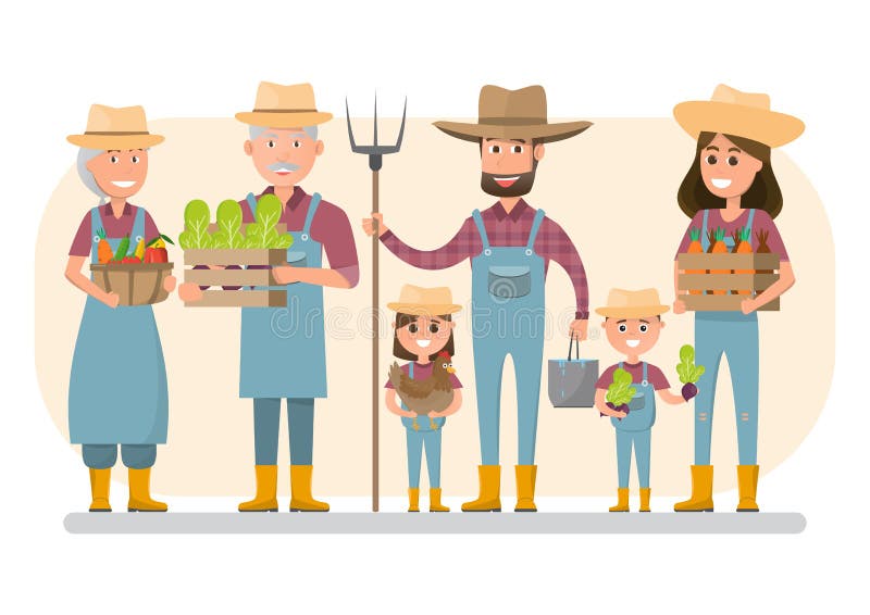Happy farmer family cartoon character in organic rural farm. royalty free illustration