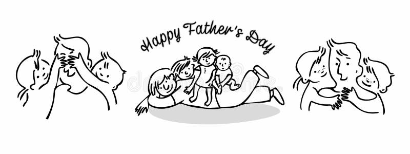 Happy father`s day. Portrait of a happy family. Father and his children. Children play with father. Sketches in cartoon style. Vector. outline style stock illustration