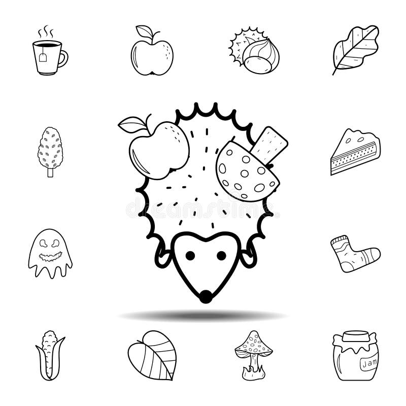Hedgehog with apple and mushroom icon. Simple outline vector element of Autumn icons set for UI and UX, website or mobile. Application on white background stock illustration