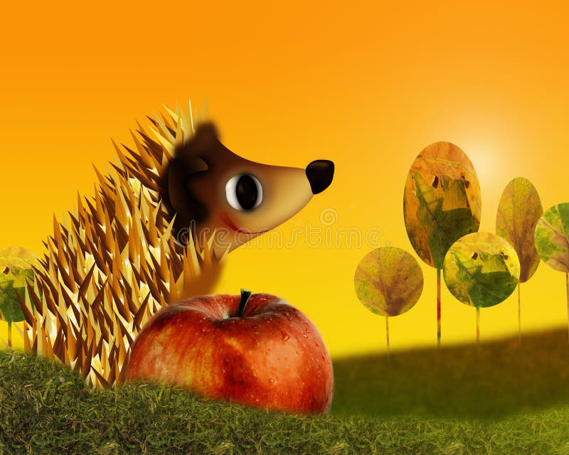 Hedgehog and autumn. Hedgehog with red apple and autumn - illustration royalty free illustration
