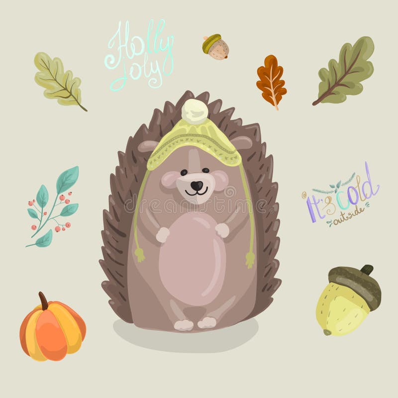 Hedgehog in a green cute hat drawn in cartoon style. Autumn concept. Hedgehog in a green cute hat drawn in cartoon style. Set autumn leaves, vegetables and stock illustration