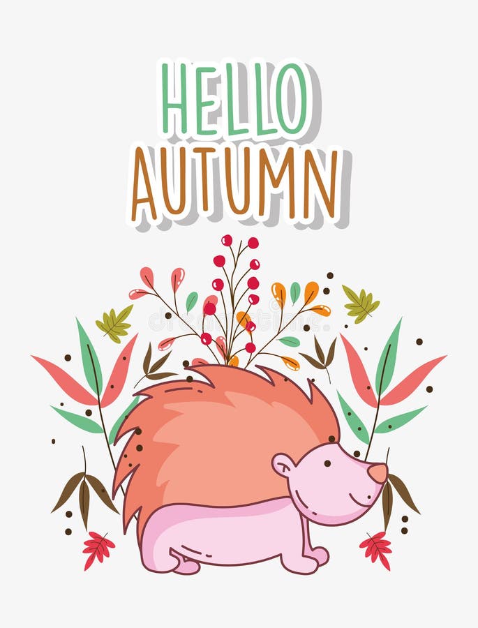 Hedgehog hello autumn design icon. Hedgehog foliage leaves hello autumn design icon vector illustration royalty free illustration