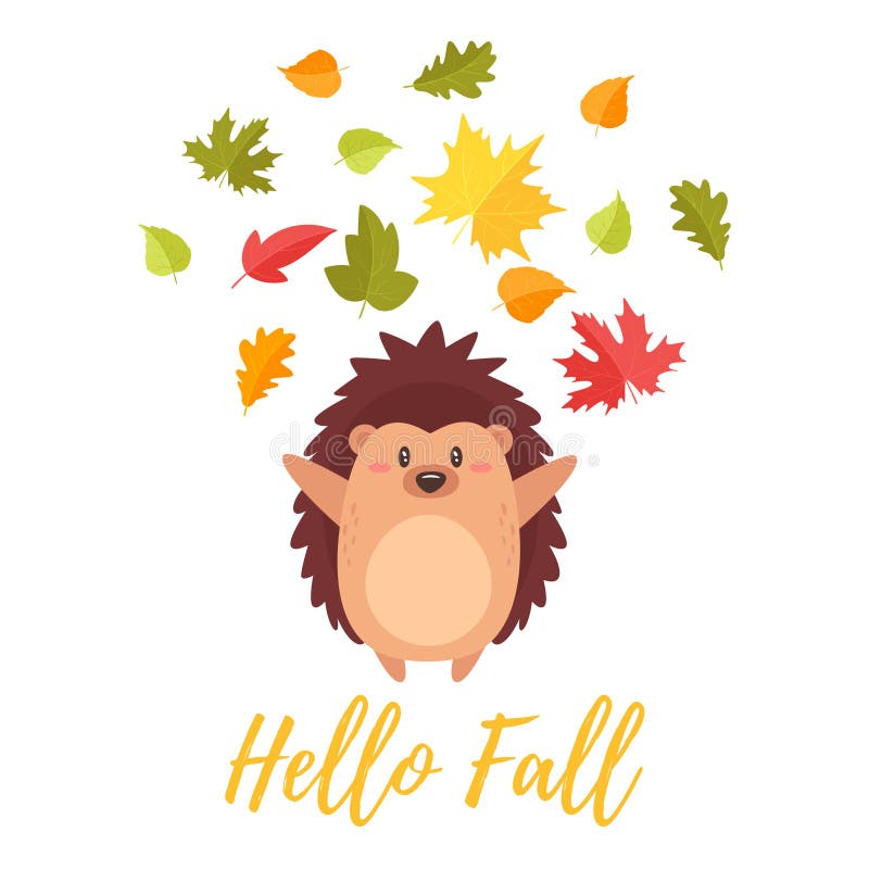 Hedgehog tossing autumn colorful leaves. Vector cartoon style illustration of cute hedgehog tossing autumn colorful leaves in the air. Greeting card template for royalty free illustration