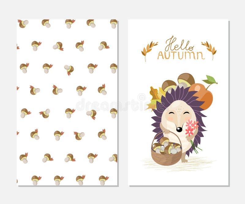 Hello autumn. Stylish inspiration card in cute style with cartoon hedgehog and mashrooms background. Hello autumn. Stylish inspiration card in cute style with royalty free illustration