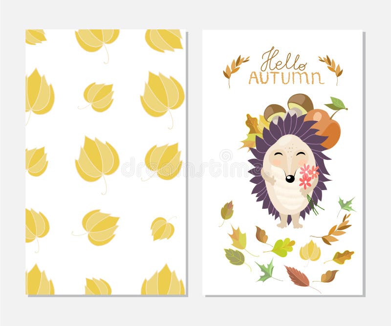 Hello autumn. Stylish inspiration card in cute style with cartoon hedgehog. Template for print design. Hello autumn. Stylish inspiration card in cute style with stock illustration