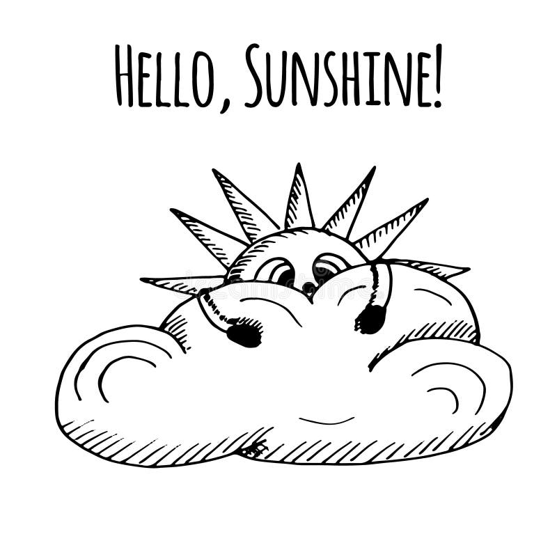 Hello, sunshine Sun cute character is holding cloud. Concept of sunset and summer vacation. Period of sea holidays. Vector hand stock illustration