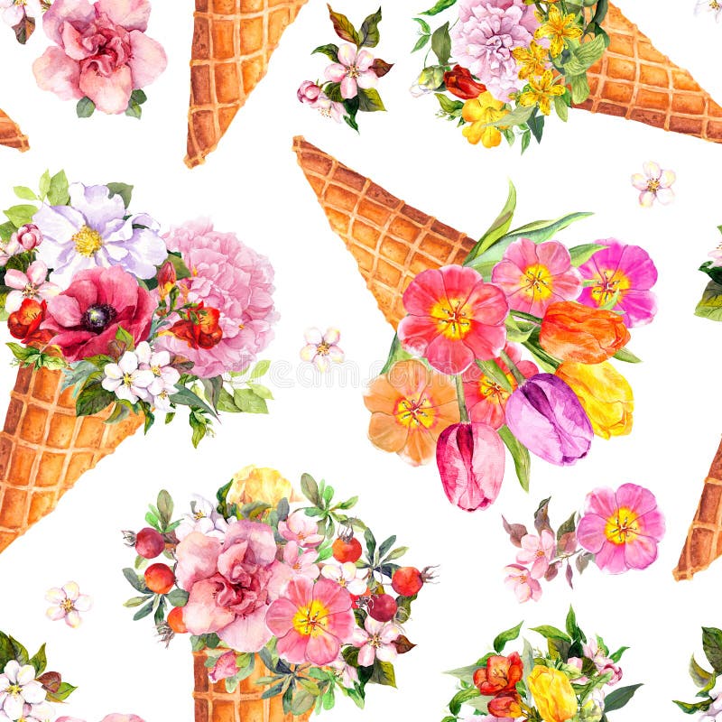 Ice cream cone with beautiful flowers. Floral watercolor, seamless pattern. Ice cream cone with flowers. Floral watercolor, seamless pattern vector illustration