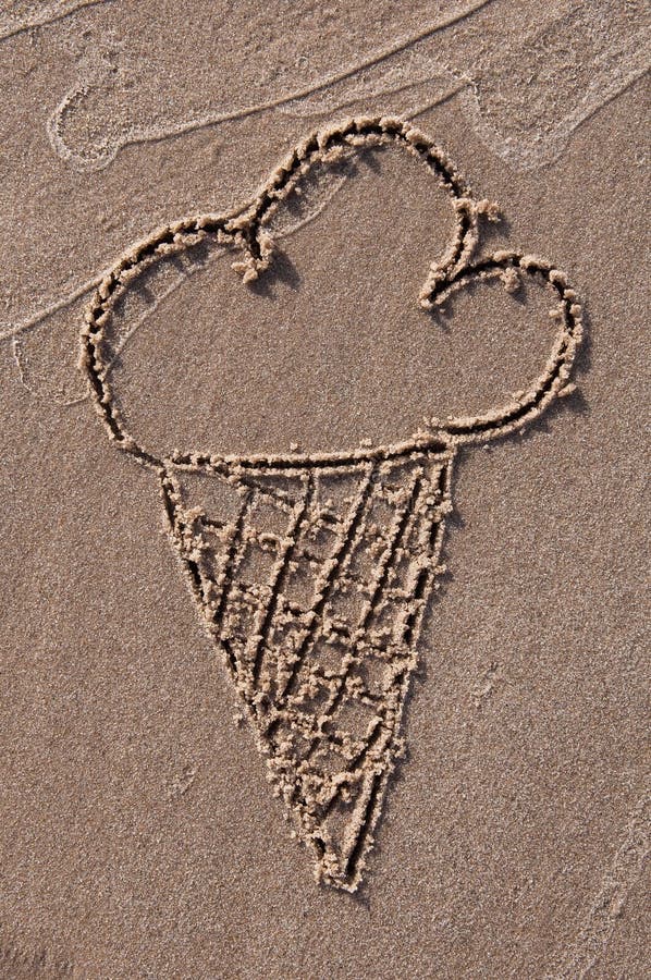 Ice cream. Hand drawn with stick on sand on beach. Beach background. Top view royalty free stock photo