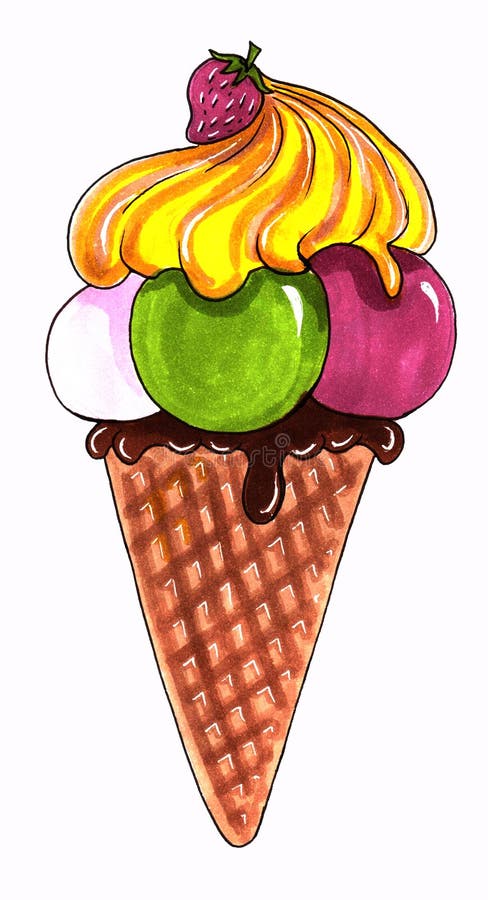 Ice-cream in a wafer cone isolated on a white background. Color drawing markers. Food illustration. Ice-cream in a wafer cone isolated on a white background stock photo