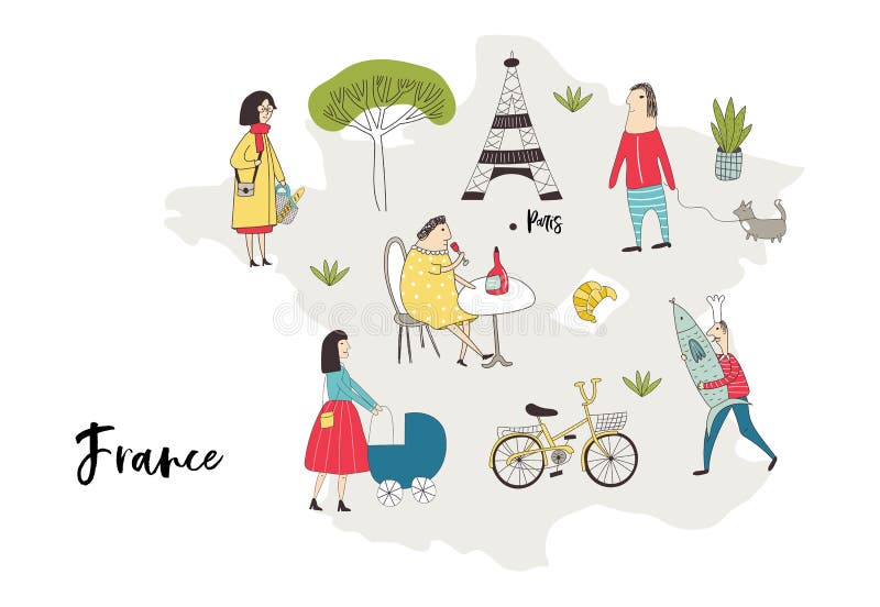 Illustrated Map of France with cute and fun hand drawn characters, plants and elements. Color vector illustration royalty free illustration
