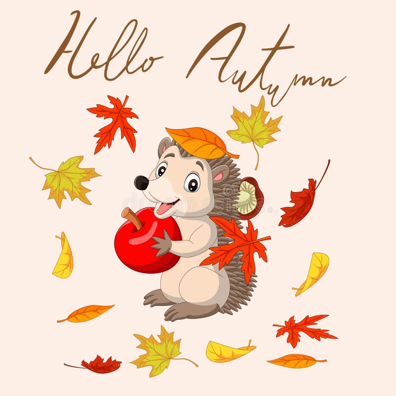 Hello autumn with leaves and cute hedgehog holding red apple. Illustration of Hello autumn with leaves and cute hedgehog holding red apple vector illustration