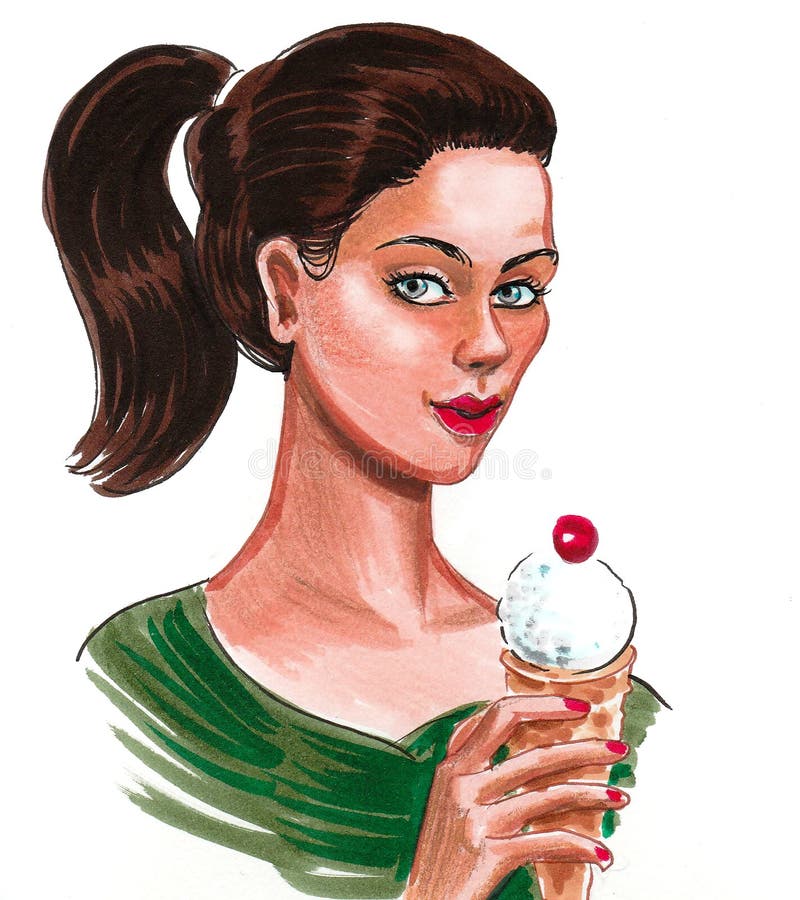 Girl and ice cream. Ink and watercolor sketch of a pretty woman with a cone of ice cream royalty free stock photos