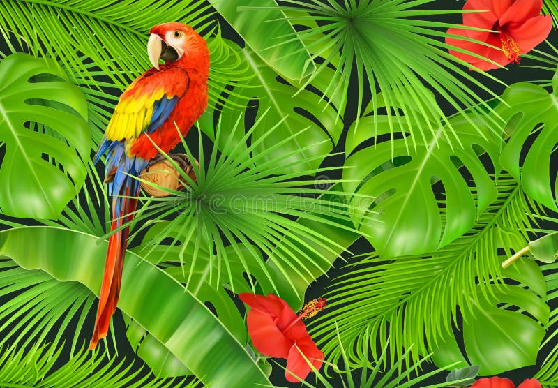 Jungle leaves and parrot, seamless pattern. Vector background. Jungle leaves and parrot, seamless pattern. 3d vector realistic background stock illustration