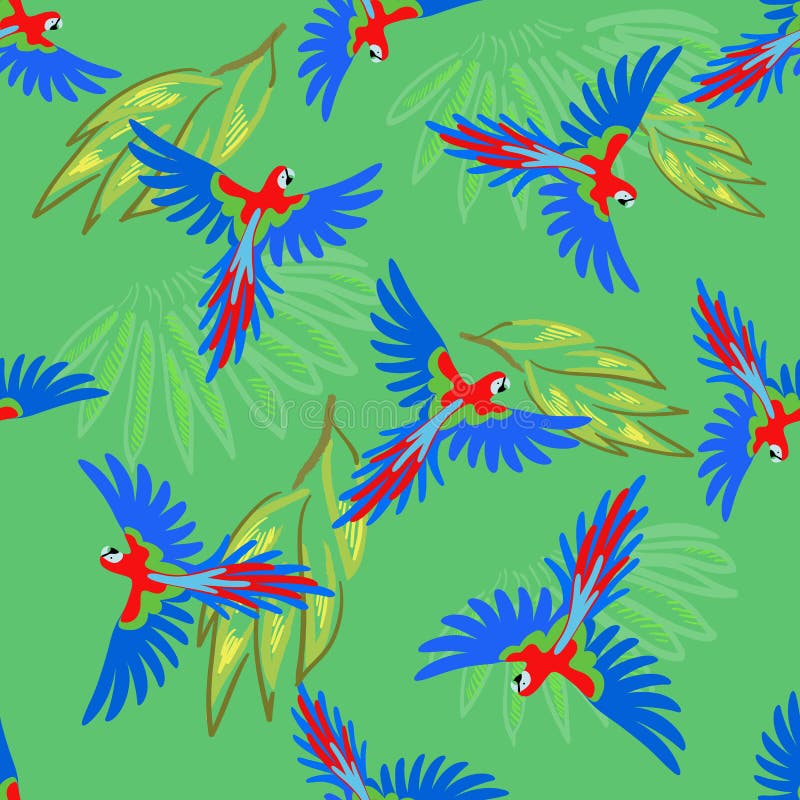 Macaw parrot seamless pattern. Vector illustration on green background stock illustration