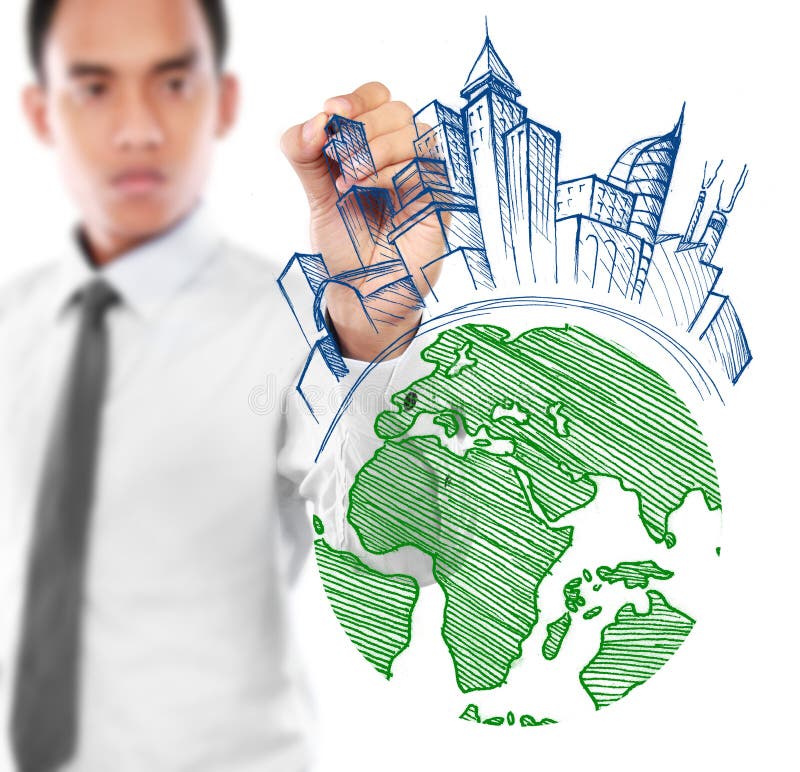 Male drawing city development concept. Portrait of man drawing city development concept stock photo