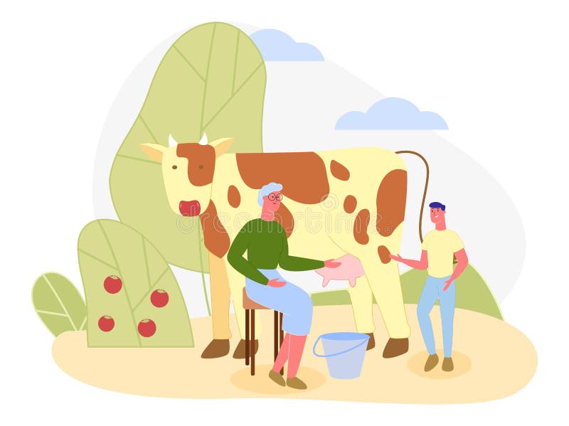 Milking Spotted Cow Together with Grandmother stock illustration