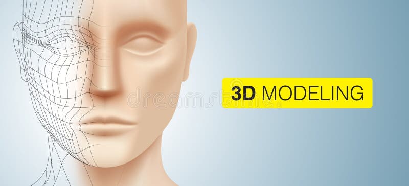 3D modeling vector background. The face of a white young man with polygonal lines, isolated on a silver colored background. Model sculpting and rendering royalty free illustration