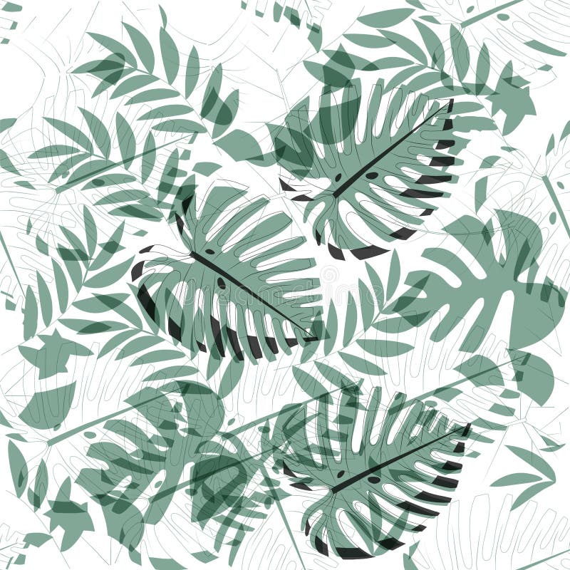 Monstera, palm leaves with overlay mode transparency. Leaf skeletons and full coloring leaves. royalty free illustration