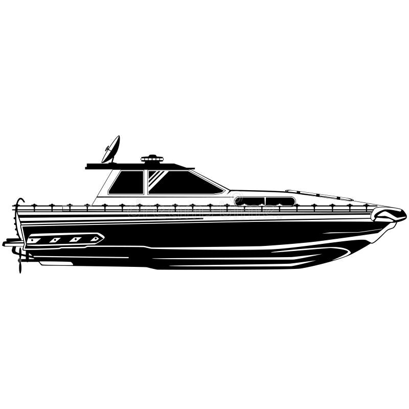 Motorboat, fishing motor boat vector black template. Motorboat, fishing motor boat black template. Vector illustration isolated on white background. Flat style royalty free illustration