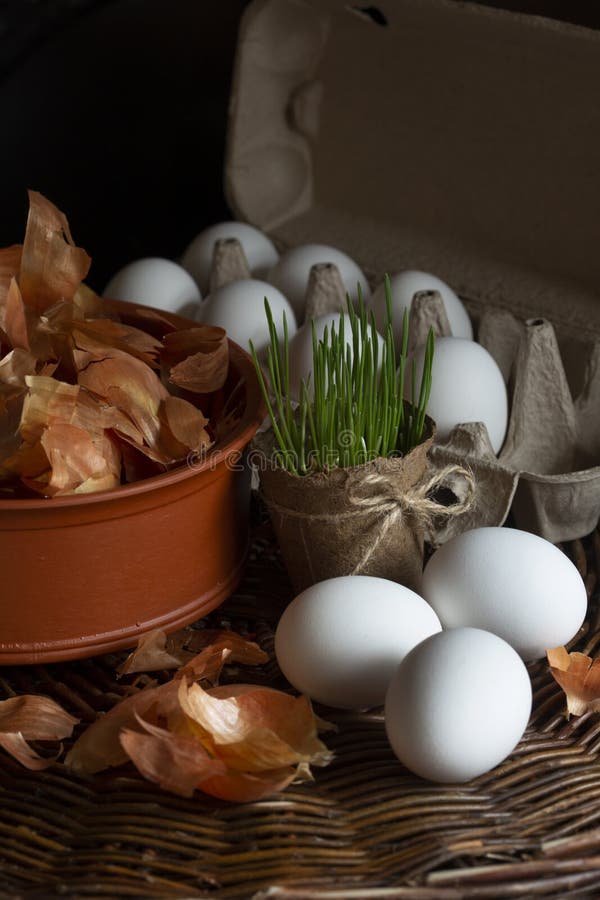 Natural spring grass in a pot, white eggs  in a box with a yellow onion peel. In a dish on a wicker tray prepared for coloring in organic dye on Easter holiday stock images
