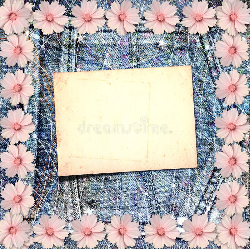 Old vintage postcard with beautiful pink flowers. On blue jeans background royalty free stock photo