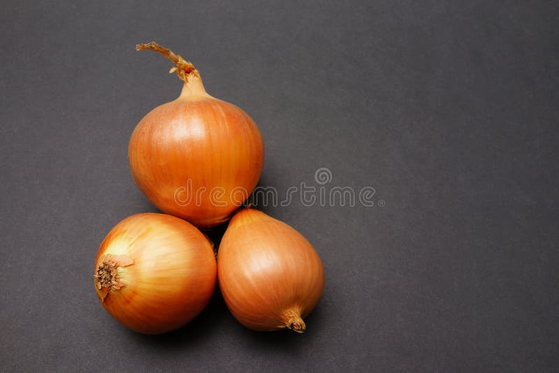 Onions. Three onions on an elegant black background with copy space to the right. Dust and optical imperfections have been removed to increase the quality for royalty free stock photos