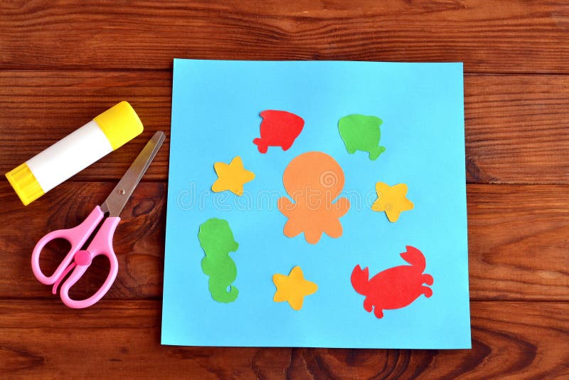 Paper card with sea animals and fishes. Creative ocean creatures crafts for kids royalty free stock photography