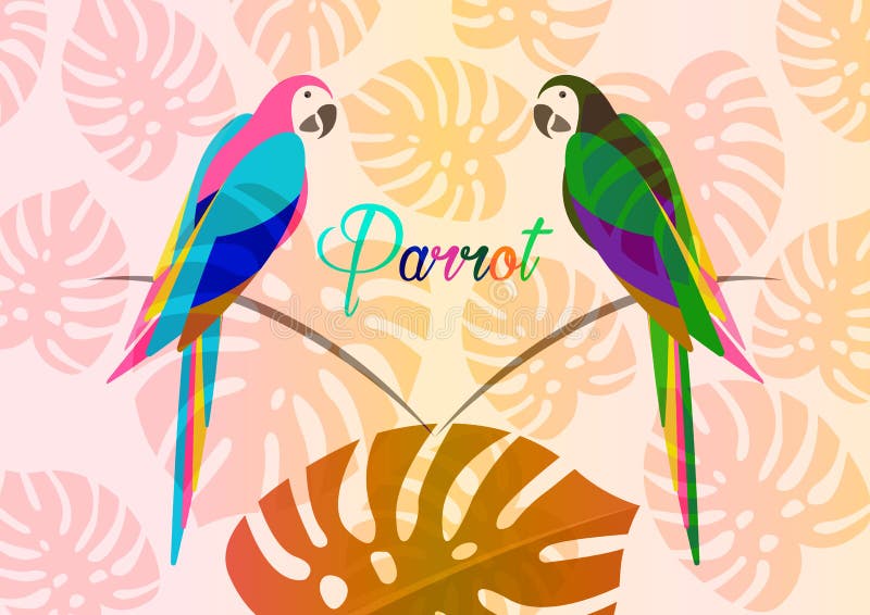 Pair of parrots, tropical parrot bird icon image illustration design multi colored, isolated or whit floral summer pattern. Parrot whit floral summer pattern stock illustration