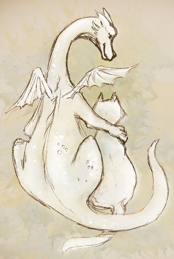 Pencil drawing of a dragon and a cat on a beige background.  royalty free stock image