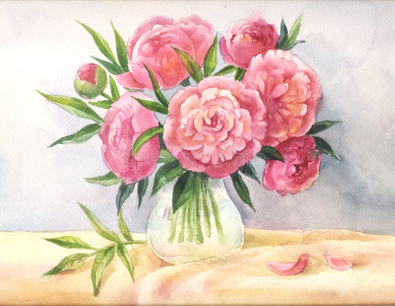 Peonies in a vase watercolor. Sketch of pink flowers vector illustration