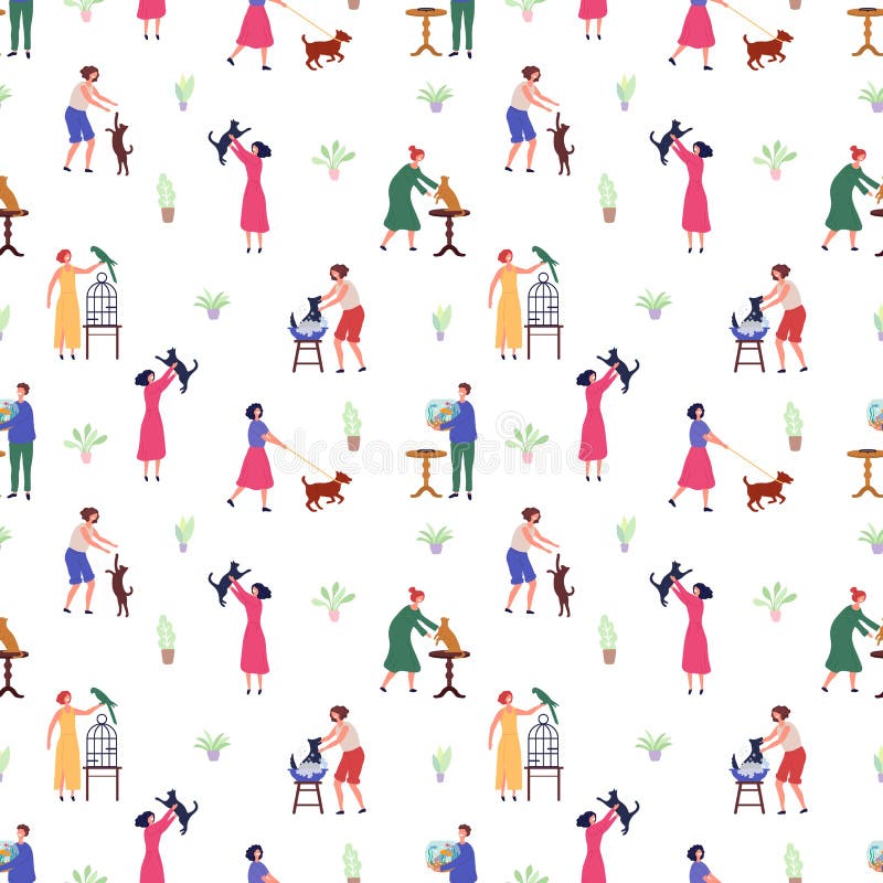 Pet owners. Flat animals and people. Men and women with dogs, parrot and cats. Vector seamless pattern. Animal and owner, dog and cat illustration stock illustration