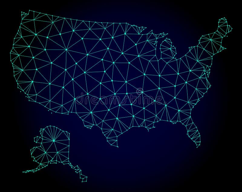 Polygonal Network Mesh Vector Map of USA and Alaska. Polygonal mesh map of USA and Alaska. Abstract mesh lines, triangles and points on dark background with map royalty free illustration