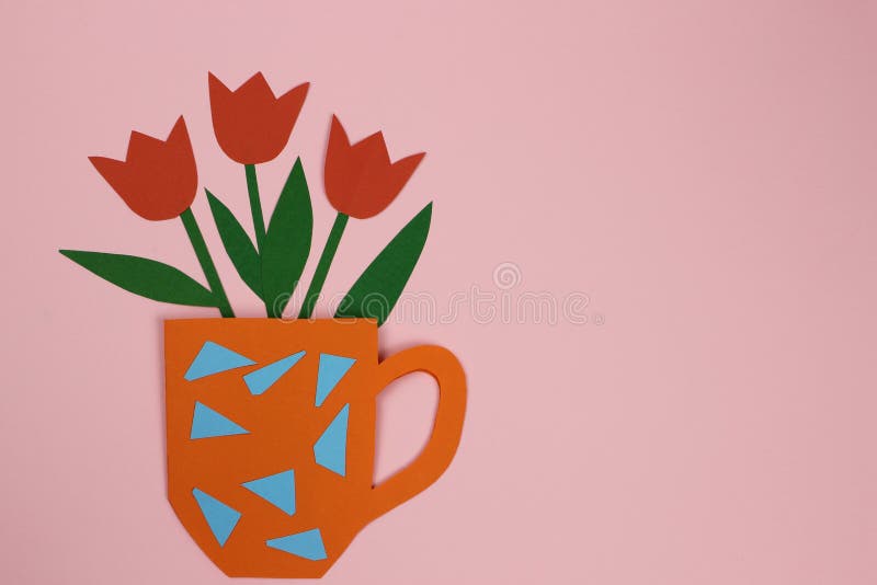 Postcard paper tulips, flowers in a Cup.  royalty free stock photos