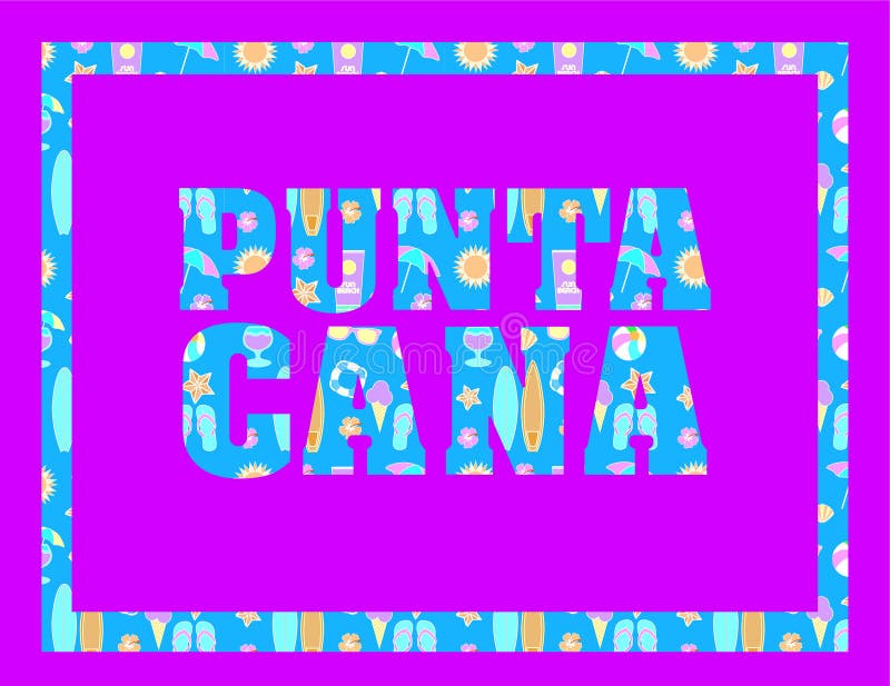 Punta Cana lettering on fuchsia backround. Vector tropical letters with colorful beach icons on light blue backround stock illustration