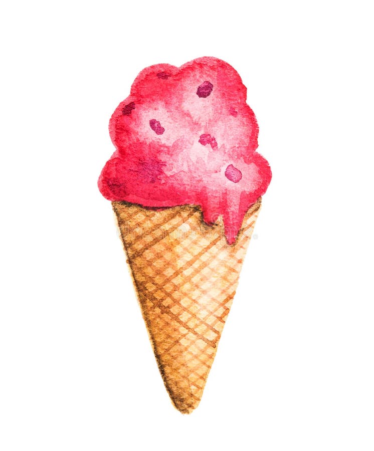 Red icecream cone strawberry or raspberry ice cream. Watercolor food.  royalty free illustration