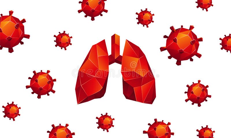 Red low poly human lungs with polygonal coronavirus Covid-19 cells pattern around. Red low poly human lungs with polygonal coronaviru