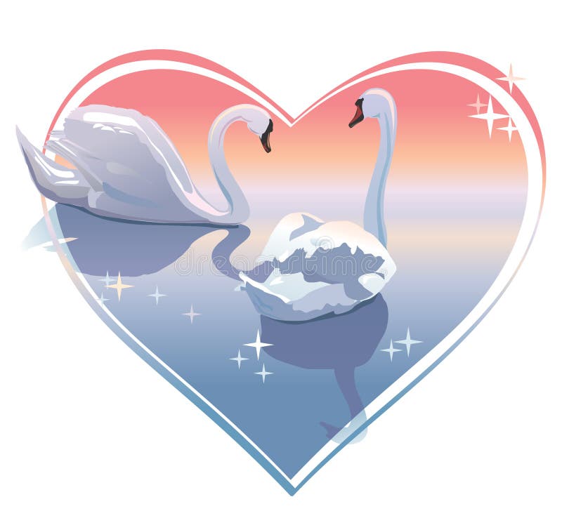 Romantic swans couple, sunset in a heart shape. Vector illustration royalty free illustration