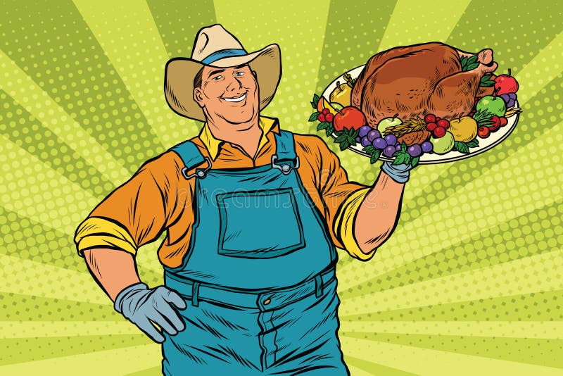 Rural farmer and roast Turkey royalty free illustration