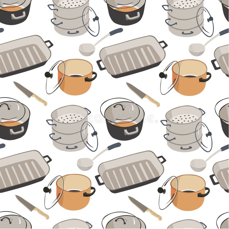 Kitchenware saucepans with lids, frying pan seamless pattern. Sauces with lids, knives and spoons, frying pan seamless pattern. Kitchenware utensils and dishes royalty free illustration